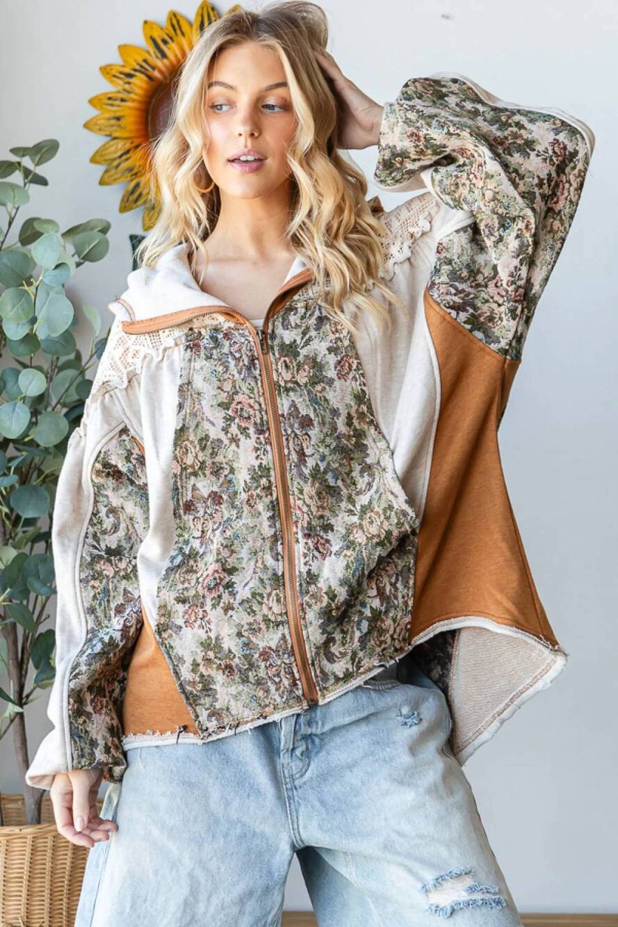 NEW OLI & HALI tapestry and lace hoodie in cream/tan